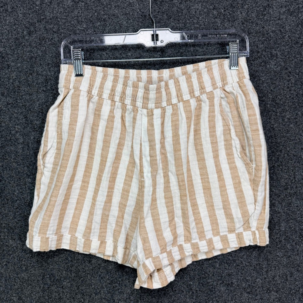 Old Navy Striped Linen Blend Shorts Women S Tan White Elastic Waist Drawstring - Picture 1 of 5